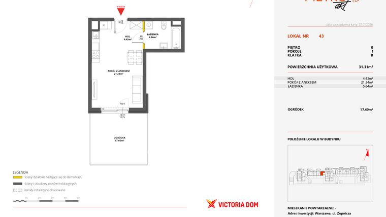 Rzut - Mieszkanie na sprzedaż 1 pokój o powierzchni 31,36 m² - numer 43 w Metro Art 13