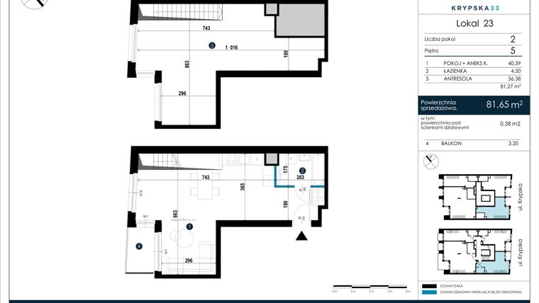Rzut - Mieszkanie na sprzedaż 3 pokoje o powierzchni 81,65 m² - numer M23 w Krypska 33