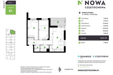 Rzut - Mieszkanie na sprzedaż 3 pokoje o powierzchni 64,37 m² - numer A1-81 w Nowa Częstochowa