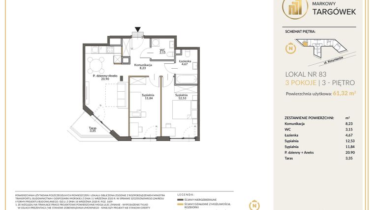 Rzut - Mieszkanie na sprzedaż 3 pokoje o powierzchni 61,37 m² - numer 83 w Markowy Targówek