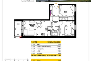 Rzut - Mieszkanie na sprzedaż 3 pokoje o powierzchni 58,23 m² - numer B 5.01 w Park Moniuszki II C