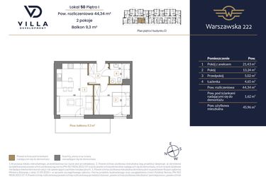 Rzut - Mieszkanie na sprzedaż 2 pokoje o powierzchni 44,34 m² - numer 50 w Warszawska 222 bud. D