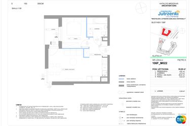 Rzut - Mieszkanie na sprzedaż 2 pokoje o powierzchni 39,08 m² - numer 106F/M022 w Miasteczko Jutrzenki Dzielnica Hortensji