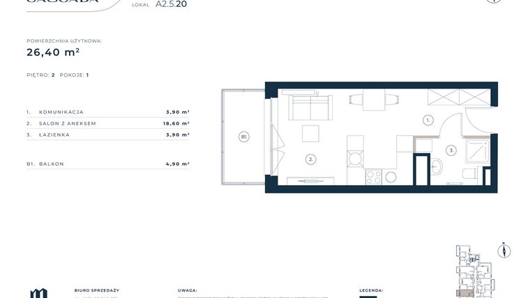 Rzut - Mieszkanie na sprzedaż 1 pokój o powierzchni 26,4 m² - numer A2.5.20 w Cascada