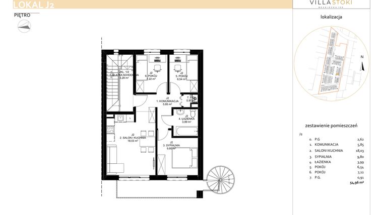Rzut - Mieszkanie na sprzedaż 4 pokoje o powierzchni 54,96 m² - numer J2 w Villa Stoki (mieszkania)