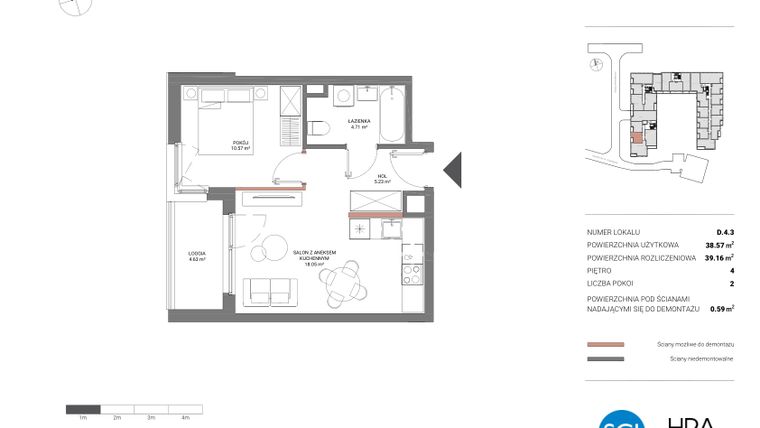 Rzut - Mieszkanie na sprzedaż 2 pokoje o powierzchni 39,16 m² - numer D.4.3 w Łopuszańska 47 - etap 2