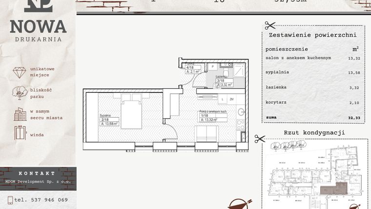 Rzut - Mieszkanie na sprzedaż 2 pokoje o powierzchni 32,33 m² - numer M18 w Nowa Drukarnia