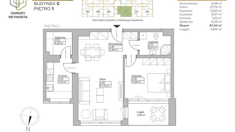Rzut - Mieszkanie na sprzedaż 2 pokoje o powierzchni 61,34 m² - numer M18 w Ogrody Reymonta