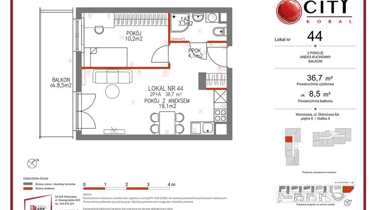Rzut - Mieszkanie na sprzedaż 2 pokoje o powierzchni 36,7 m² - numer 44 w Comfort City Koral