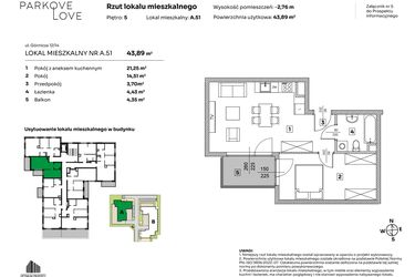 Rzut - Mieszkanie na sprzedaż 2 pokoje o powierzchni 43,89 m² - numer A.51 w Parkove Love