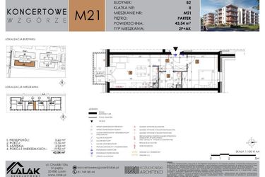 Rzut - Mieszkanie na sprzedaż 2 pokoje o powierzchni 43,54 m² - numer B2.21 w Koncertowe Wzgórze