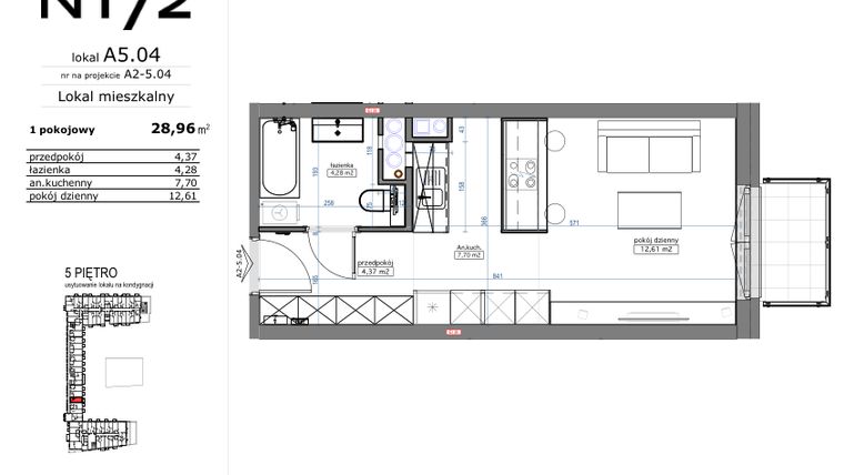 Rzut - Mieszkanie na sprzedaż 1 pokój o powierzchni 29,26 m² - numer A5.04 w Naramowicka 172