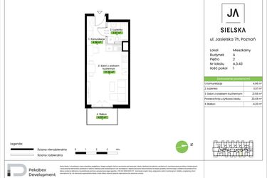 Rzut - Mieszkanie na sprzedaż 1 pokój o powierzchni 30,49 m² - numer A.3.43 w JA_SIELSKA V