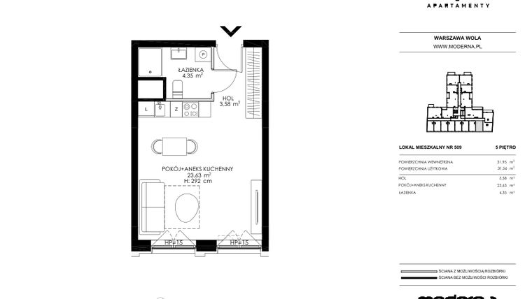 Rzut - Mieszkanie na sprzedaż 1 pokój o powierzchni 31,56 m² - numer 509 w Chronos