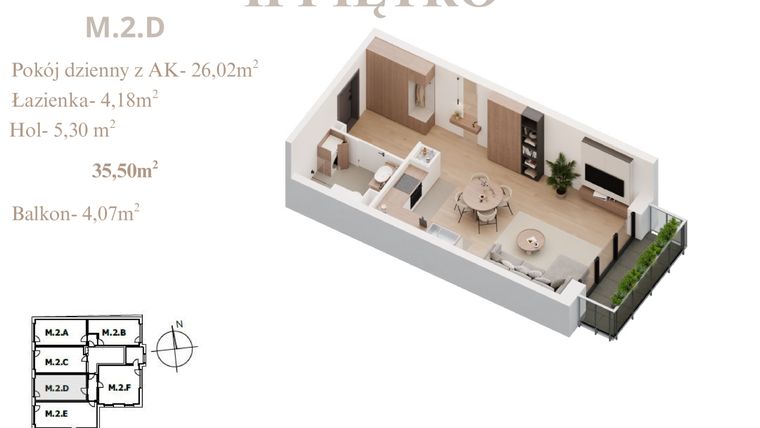 Rzut - Mieszkanie na sprzedaż 1 pokój o powierzchni 35,5 m² - numer M.2.D w Konopnickiej 12