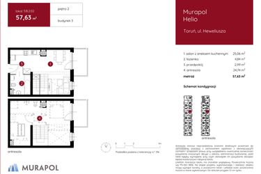 Rzut - Mieszkanie na sprzedaż 1 pokój o powierzchni 57,63 m² - numer 3.B.2.02 w Murapol Helio
