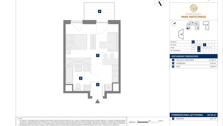Rzut - Mieszkanie na sprzedaż 1 pokój o powierzchni 30,34 m² - numer B95 w Apartamenty Park Matecznego Etap 1