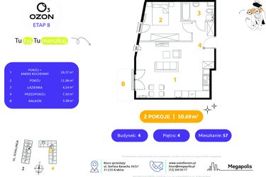 Rzut - Mieszkanie na sprzedaż 2 pokoje o powierzchni 50,69 m² - numer 4.57 w Osiedle Ozon etap VIII