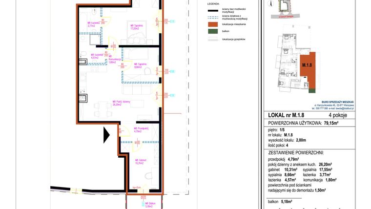 Rzut - Mieszkanie na sprzedaż 4 pokoje o powierzchni 79,15 m² - numer M.1.8 w La Wola