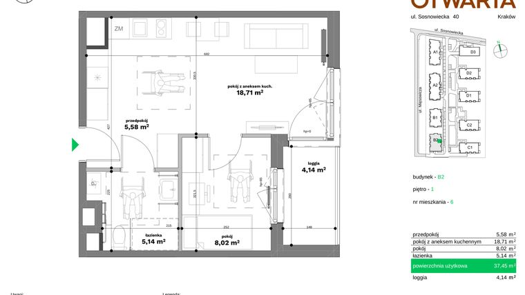 Rzut - Mieszkanie na sprzedaż 2 pokoje o powierzchni 37,45 m² - numer B2-6 w Forma Otwarta etap II