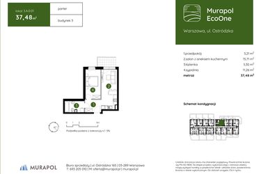 Rzut - Mieszkanie na sprzedaż 2 pokoje o powierzchni 37,48 m² - numer 3.A.0.01 w Murapol EcoOne