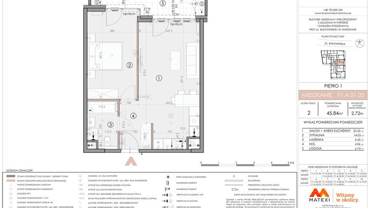 Rzut - Mieszkanie na sprzedaż 2 pokoje o powierzchni 45,84 m² - numer F1.A.01.05 w Bukowińska Mokotów