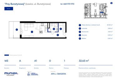 Rzut - Mieszkanie na sprzedaż 1 pokój o powierzchni 32,63 m² - numer 3A w Przy Bursztynowej
