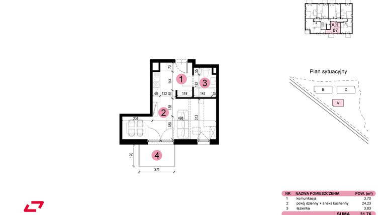 Rzut - Mieszkanie na sprzedaż 1 pokój o powierzchni 31,76 m² - numer A-1-07 w Nowe Miasto