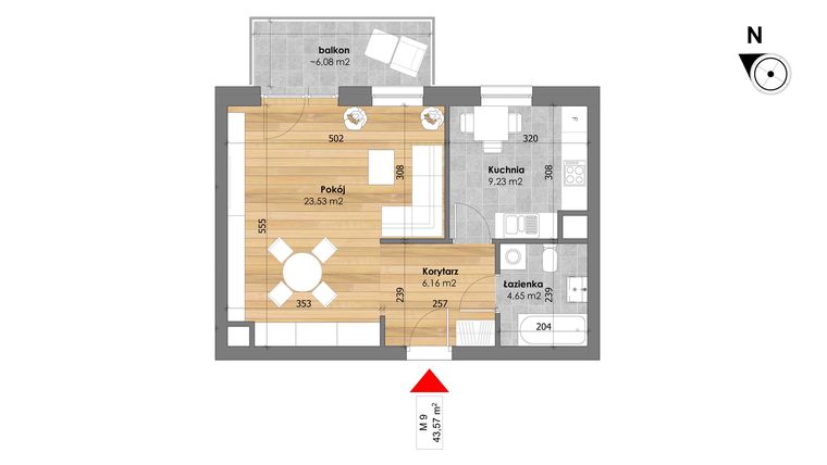 Rzut - Mieszkanie na sprzedaż 1 pokój o powierzchni 43,57 m² - numer M9 w Przy Kochanowskiego