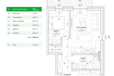 Rzut - Mieszkanie na sprzedaż 3 pokoje o powierzchni 58,36 m² - numer C6M11 w Nefrytowa Park