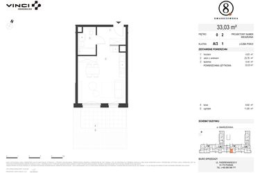 Rzut - Mieszkanie na sprzedaż 1 pokój o powierzchni 33,03 m² - numer A/3/0.2 w Smardzewska 8