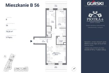 Rzut - Mieszkanie na sprzedaż 3 pokoje o powierzchni 78,28 m² - numer B56 w Św. Piotra