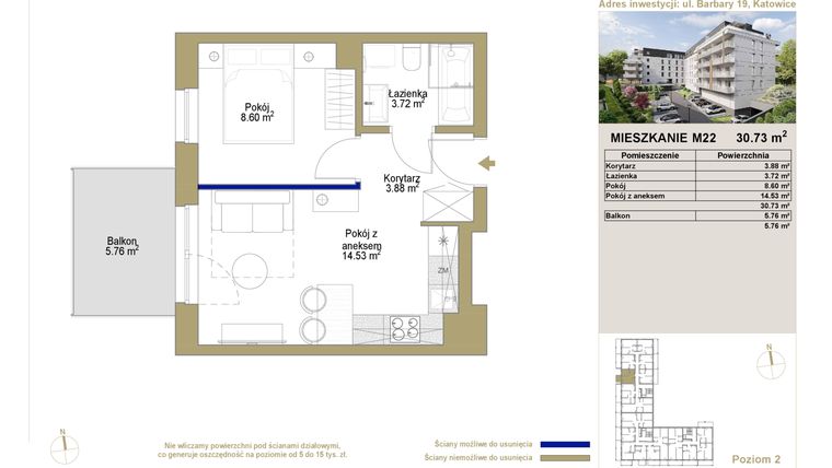 Rzut - Mieszkanie na sprzedaż 2 pokoje o powierzchni 30,73 m² - numer 22 w Barbary 19