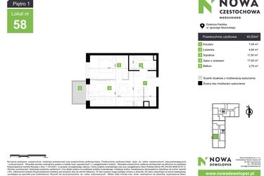 Rzut - Mieszkanie na sprzedaż 2 pokoje o powierzchni 40,83 m² - numer M58 w Nowa Częstochowa Mościckiego