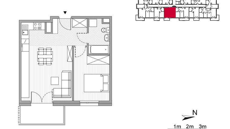 Rzut - Mieszkanie na sprzedaż 2 pokoje o powierzchni 42,04 m² - numer 42 w ul. Powstańców/os. Piastów bud. F