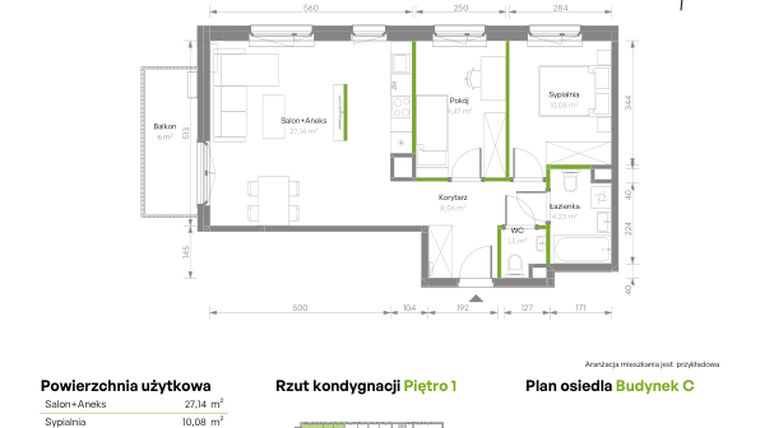 Rzut - Mieszkanie na sprzedaż 3 pokoje o powierzchni 60,48 m² - numer C/032 w Bemosphere