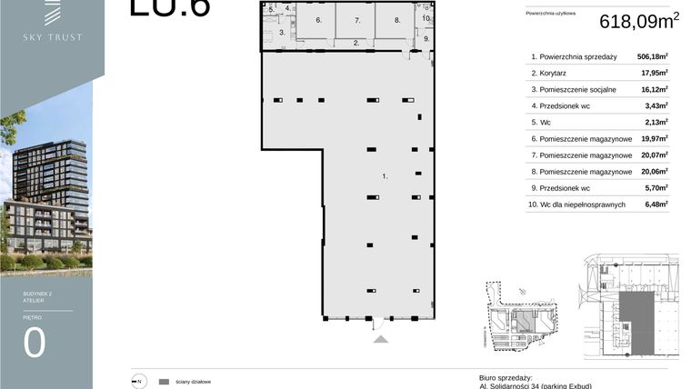 Rzut - Lokal użytkowy na sprzedaż 1 pokój o powierzchni 618,09 m² - numer LU6 w Sky Trust etap II