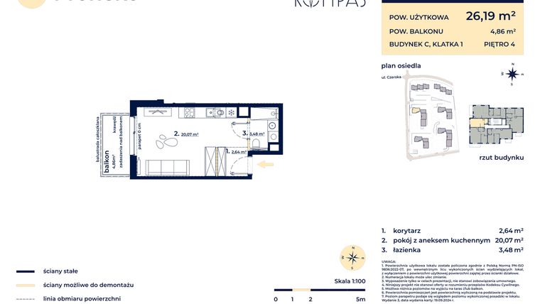 Rzut - Mieszkanie na sprzedaż 1 pokój o powierzchni 26,07 m² - numer C23 w Osiedle Kompas