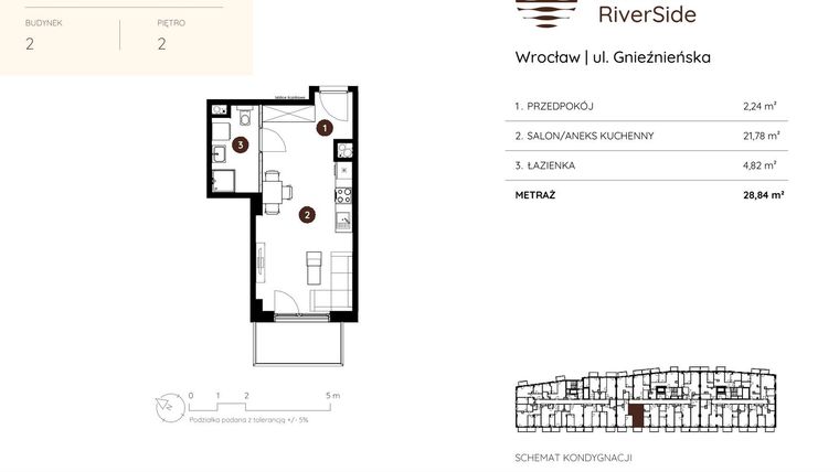 Rzut - Mieszkanie na sprzedaż 1 pokój o powierzchni 28,84 m² - numer 2.A.2.06 w Murapol RiverSide