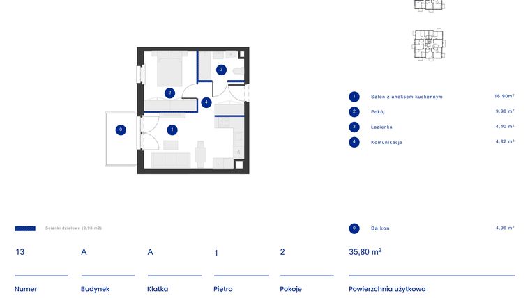 Rzut - Mieszkanie na sprzedaż 2 pokoje o powierzchni 35,8 m² - numer A.13 w Osiedle Inverso