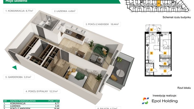 Rzut - Mieszkanie na sprzedaż 2 pokoje o powierzchni 47,48 m² - numer M20 w Moja Skawina