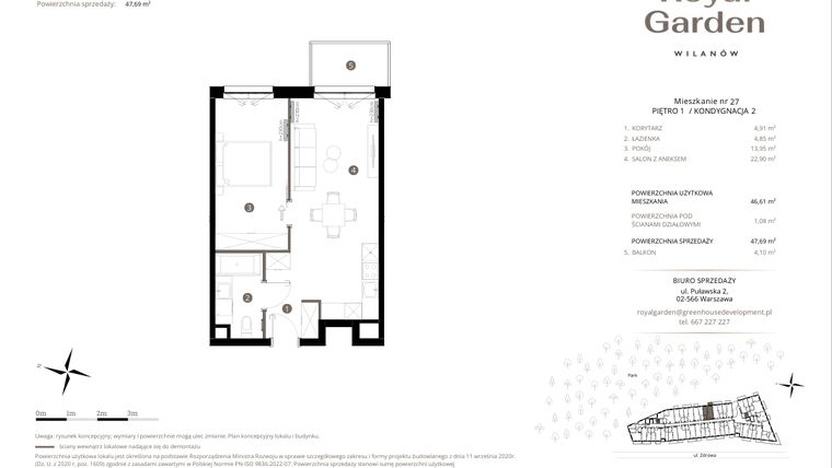 Rzut - Mieszkanie na sprzedaż 2 pokoje o powierzchni 70,82 m² - numer M.27 w Royal Garden Wilanów