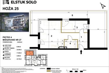 Rzut - Mieszkanie na sprzedaż 2 pokoje o powierzchni 46,02 m² - numer 27 w Hoża 25