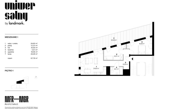 Rzut - Mieszkanie na sprzedaż 3 pokoje o powierzchni 67,78 m² - numer 1 w Dom Uniwersalny