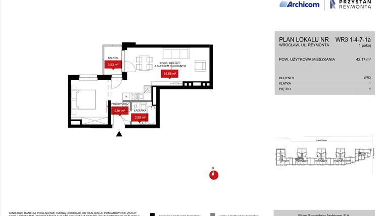 Rzut - Mieszkanie na sprzedaż 1 pokój o powierzchni 42,17 m² - numer WR3 1/4/7/1a w Przystań Reymonta etap II