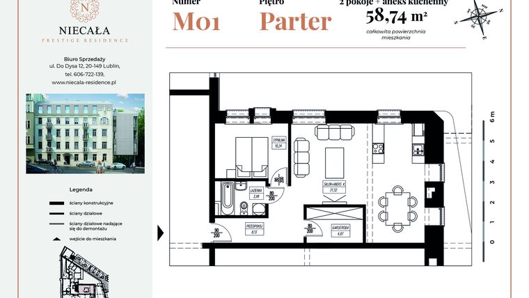 Rzut - Mieszkanie na sprzedaż 3 pokoje o powierzchni 58,74 m² - numer 1 w Niecała Prestige Residence
