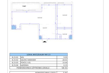 Rzut - Mieszkanie na sprzedaż 2 pokoje o powierzchni 58,55 m² - numer B.23 w Gaja Park