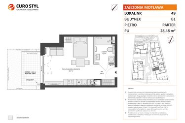 Rzut - Mieszkanie na sprzedaż 1 pokój o powierzchni 28,48 m² - numer B1.49 w Zajezdnia Motława