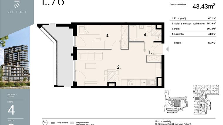 Rzut - Mieszkanie na sprzedaż 2 pokoje o powierzchni 43,43 m² - numer L76 w Sky Trust etap II - apartamenty inwestycyjne 23% VAT PRS