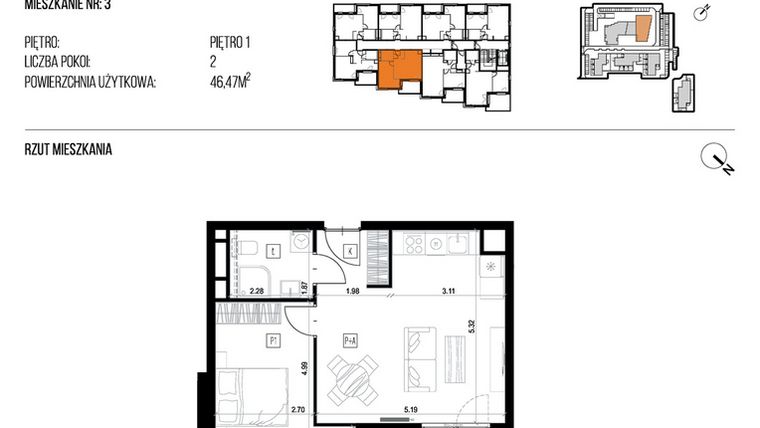 Rzut - Mieszkanie na sprzedaż 2 pokoje o powierzchni 46,47 m² - numer 22K/03 w NATURAMA II